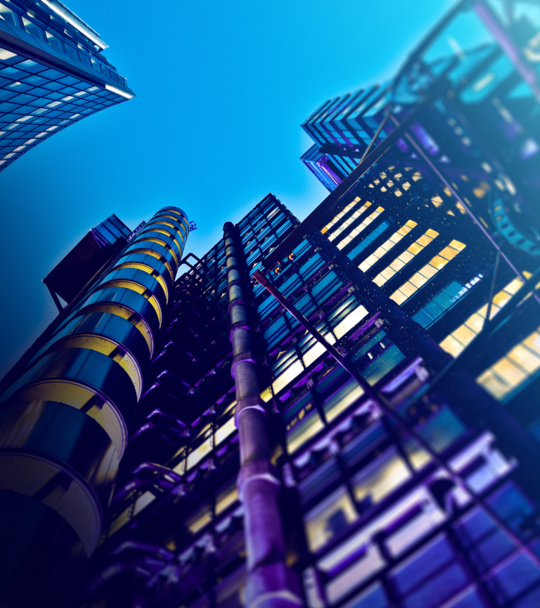 City skyscraper scaled from below at night, deep purple lighting