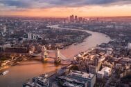London Bridge and River Thames shot from bird's eye view at sunset