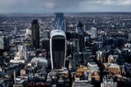 London city skyline with walkie-talkie at centre against cloudy sky