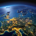 Europe lit up at night, aerial shot taken from space