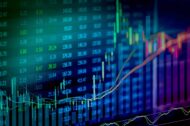 Stock market graph in neon against computerised backdrop of stock market figures